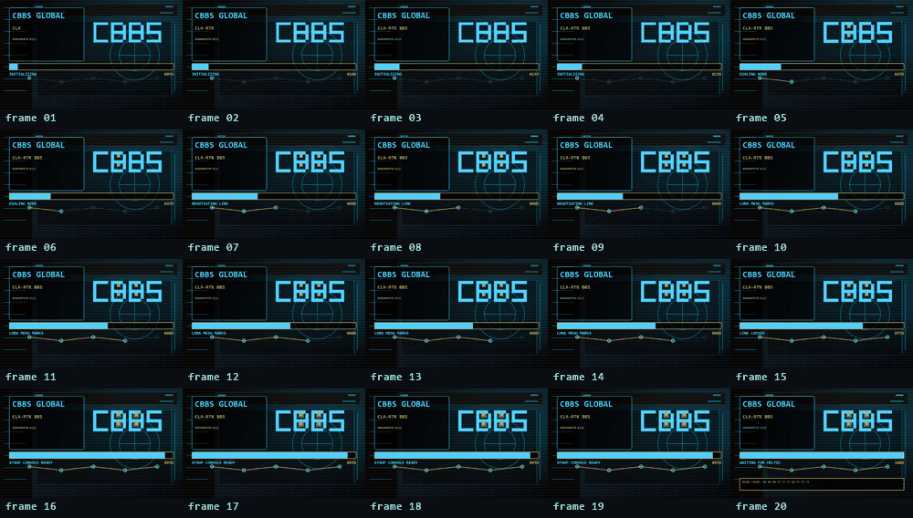 CBBS P800 splash contact sheet with multiple animation frames in the project brand style.